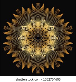 Vector Round Abstract Mandala Style Decorative Element. Hand-Drawn Vector Illustration. Can Be Used For Textile, Greeting Card, Coloring Book, Phone Case Print. Luxury black gold color.