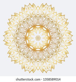 Vector Round Abstract Mandala Style Decorative Element. Hand-Drawn Vector Illustration. Can Be Used For Textile, Greeting Card, Coloring Book, Phone Case Print. Gold color.