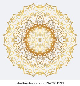 Vector Round Abstract Mandala Style Decorative Element. Hand-Drawn Vector Illustration. Can Be Used For Textile, Greeting Card, Coloring Book, Phone Case Print. Gold color.