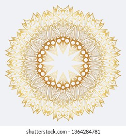 Vector Round Abstract Mandala Style Decorative Element. Hand-Drawn Vector Illustration. Can Be Used For Textile, Greeting Card, Coloring Book, Phone Case Print. Gold color.