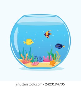 Vector round aquarium with fish on a white background