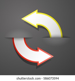Vector round Arrow banners set. Direct circle shape. 3d Abstract Background. Business infographic presentation diagram. Section compare service. Up and down trend. Paper index. Exact pointer