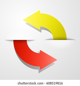 Vector round Arrow banners set. Direct circle shape. 3d Abstract Background. Business infographic presentation diagram. Section compare service. Up and down trend. Paper index. Exact pointer