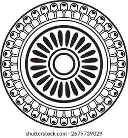 Vector redondo asirio negro monocromo adorno. Círculo, borde, marco de Mesopatamia. Patrón, anillo del antiguo Oriente.
