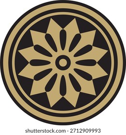 Vector redondo de oro asirio y adorno negro. Círculo, borde, marco de Mesopatamia. Patrón, anillo del antiguo Oriente.
