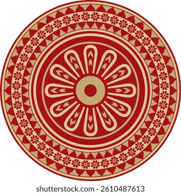 Vector round Assyrian gold with red ornament. Circle, border, frame of Mesopatamia. Pattern, ring of the ancient East.
