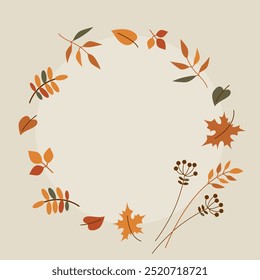 Marco de otoño redondo de Vector con hojas de colores. Corona acogedora sobre un fondo beige. Plantilla de Naturaleza para tarjeta de felicitación o invitación.