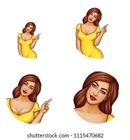 Vector round avatar of fat, obese brown-haired model. Networking element with pop art xxl, plus size woman in yellow dress. Fashion illustration for blog. Concept for internet, design.