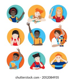 Vector round avatars set of diverse multiracial kids taking different poses. Сartoon boys and girls greeting, raising hand, thumb up, pointing, holding toys, showing binoculars with palms, bye gesture