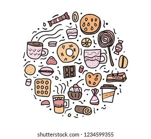 Vector round badge of desserts. Sweets cakes, donuts, candy and others snacks in doodle style isolated on white background. 