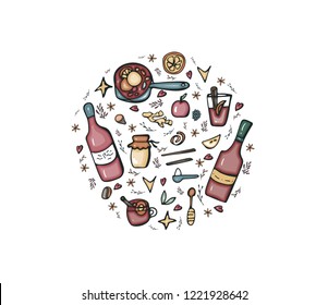 Vector round badge of mulled wine elements and objects. Composition of beverage ingredients in doodle style.