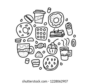 Vector round badge of sketch desserts. Sweets cakes, donuts, candy and others snacks in doodle style isolated on white background. 