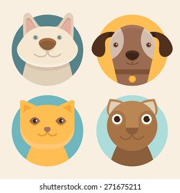 Vector round badges with cats and dogs in flat style