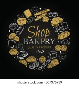 Vector  round banner. Bakery product monochrome decorative icons.