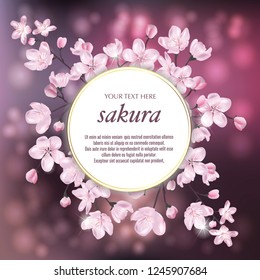 Vector round banner with Cherry Blossom. Blossoming sakura branch. Template for invitation, sales, packaging, cosmetics, perfume. Space for text.