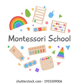 Vector Round Banner von Kindern hölzern umweltfreundliche Logikspielzeug und belebte Boards für Vorschulkinder. Montessori Schule oder Kindergarten. Circle for frühen development alternative education. 