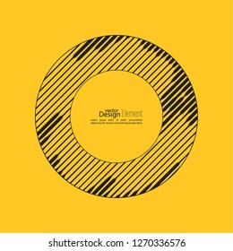 Vector round banner with diagonal oblique irregular black lines on yellow background