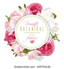 Vector round banner with garden roses and tulip flowers on white background. Romantic design for natural cosmetics, perfume, women products. Can be used as greeting card or wedding invitation