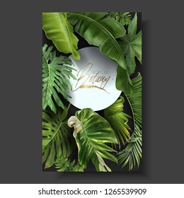 Vector round banner with green tropical leaves on black background. Exotic botanical design for cosmetics, spa, perfume, beauty salon, travel agency, florist shop. Best as packaging design