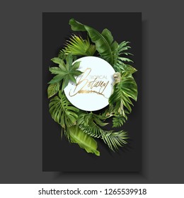 Vector round banner with green tropical leaves on black background. Exotic botanical design for cosmetics, spa, perfume, beauty salon, travel agency, florist shop. Best as packaging design