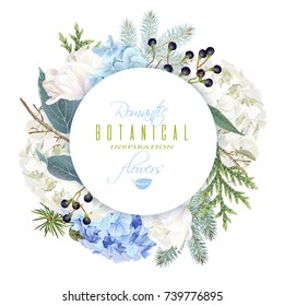 Bandeira redonda vetorial com hortênsia, flores de tulipa, ramos de coníferas em branco. Design romântico de inverno para o Natal, ano novo, casamento. Pode ser usado para cartão, convite de festa, venda de férias