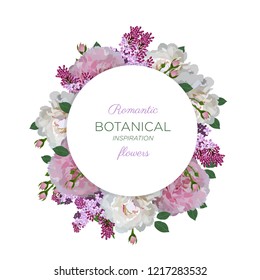 Vector round banner with lilac, peony flowers isolated on white background. Design for greeting card, invitations, holidays