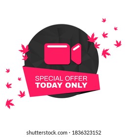 Vector round banner with pink ribbon and leaves. Autumn offer for discounts on video courses, subscription to stream channels, films and series. Flat banner.