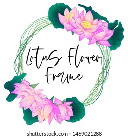 Vector round banner purple hand draw lotus flower with green leaves with watercolor imitation on white background. Wedding invintation with delicate flower and buttons and leaf. 