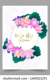 Vector round banner purple hand draw lotus flower with green leaves with watercolor imitation on white background with violet silhouette of water lily flower and leaf. 