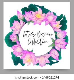 Vector round banner purple hand drawn lotus flower with green leaves with watercolor imitation on white background. Wedding invitation with delicate flower and buttons and leaf. 