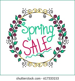 Vector - Round banner with the Spring Sale logo. Card for spring season with flower frame, roses frame and herb.