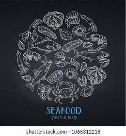 Vector round banner template hand drawn seafood design with mussel, fish salmon, shrimp. Lobster, squid, octopus, scallop, lobster, craps or mollusk, oyster, alfonsino and tuna for product market. 