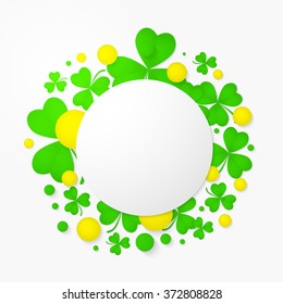Vector round banner with trefoil and 3d balls. Abstract background for St. Patrick's day party poster design. Template of invitation, flyer, poster or greeting card. 