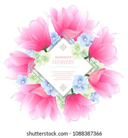Vector round banner with violets, tulips flowers. Modern floral pattern for tgreeting card or wedding invitation.