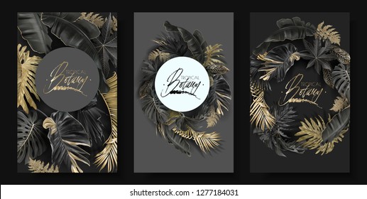 Vector round banners set with gold and black tropical leaves on dark background.   Best as wedding invitation card