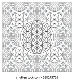 vector round black contour monochrome sacred geometry decoration flower of life seed circle fractal isolated white background  
