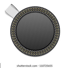 Vector round black denim fabric badge with a white ribbon tag