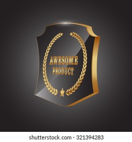 Vector round black glossy  awesome product text on shield /labels / banners / frames with shiny golden laurel wreaths and golden stars