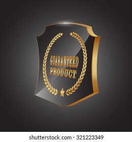 Vector round black glossy  guaranteed product text on shield /labels / banners / frames with shiny golden laurel wreaths and golden stars