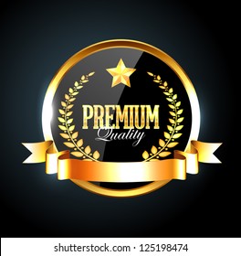 Vector round black glossy label / banner with shiny golden ribbon, laurel wreath, golden star and text "Premium quality"