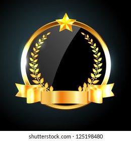 Vector round black glossy label / banner with shiny golden ribbon, laurel wreath and golden star
