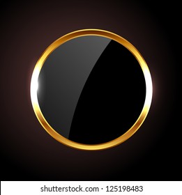 Vector round black glossy label / banner / frame with golden border