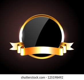 Vector round black glossy label / banner with shiny golden ribbon