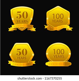 Vector round black glossy labels / banners / frames with shiny golden ribbons, laurel wreaths and golden stars