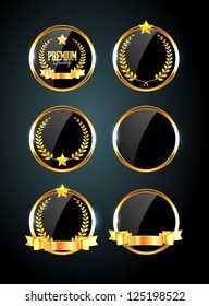 Vector round black glossy labels / banners / frames with shiny golden ribbons, laurel wreaths and golden stars
