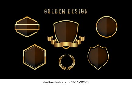 Vector round black glossy labels / banners / frames with shiny golden ribbons.