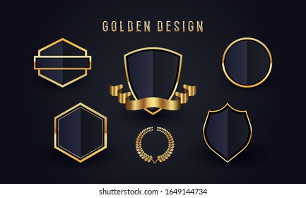 Vector round black glossy labels / banners / frames with shiny golden ribbons.