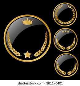 Vector round black glossy labels / banners / frames with shiny golden 