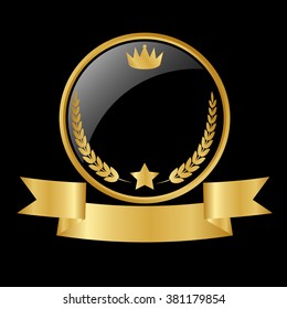 Vector round black glossy labels / banners / frames with shiny golden 