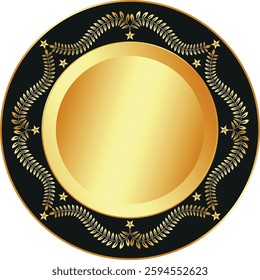 Vector round black and golden gradient plate with golden pattern isolated on transparent background	
